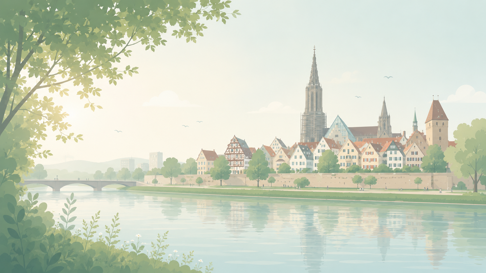 Illustration von Neu-Ulm mit Familie und Fahrradweg